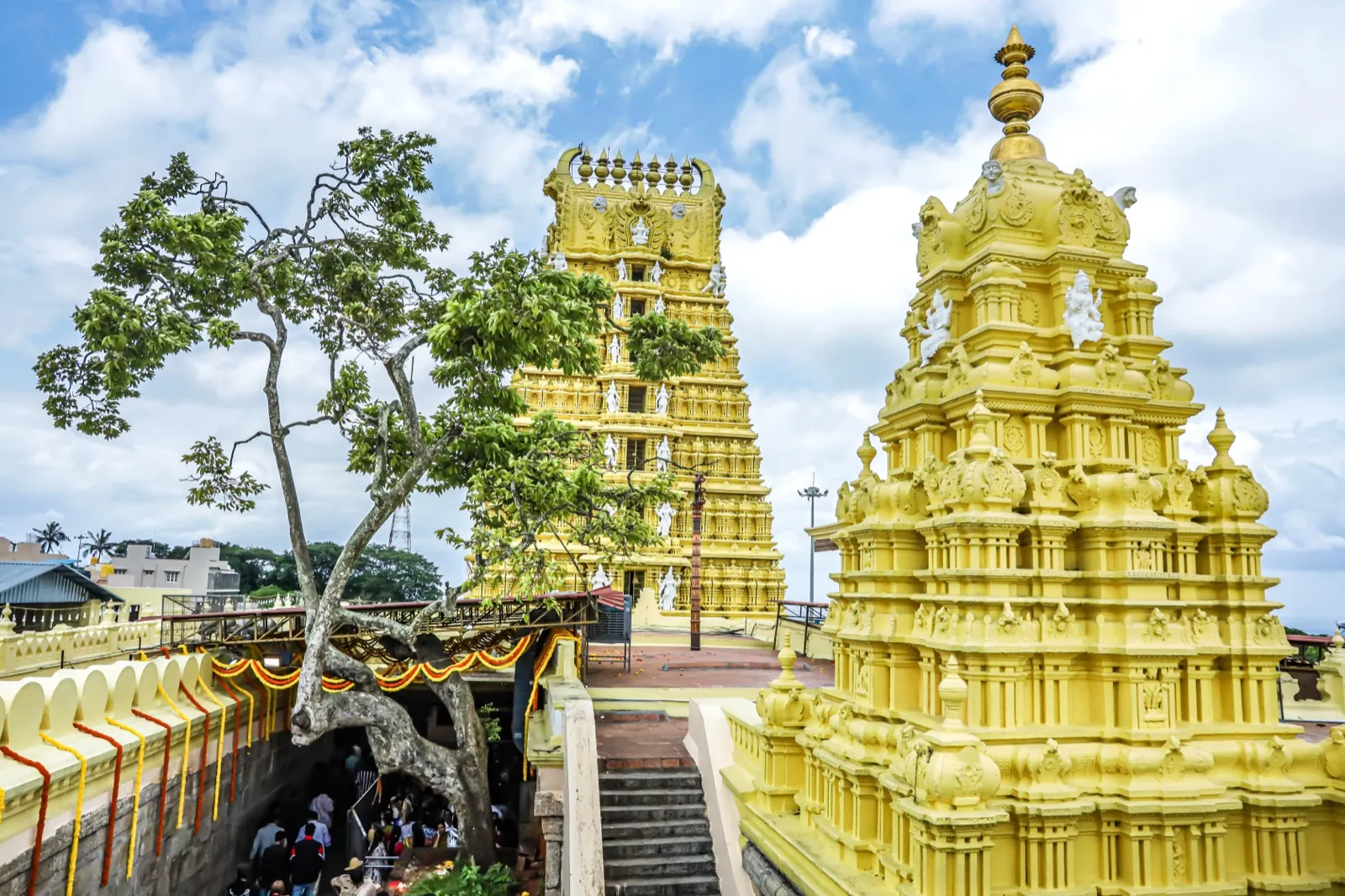 Sri Chamundeshwari Devi Temple gopurams in daylight, Chamundi Hill