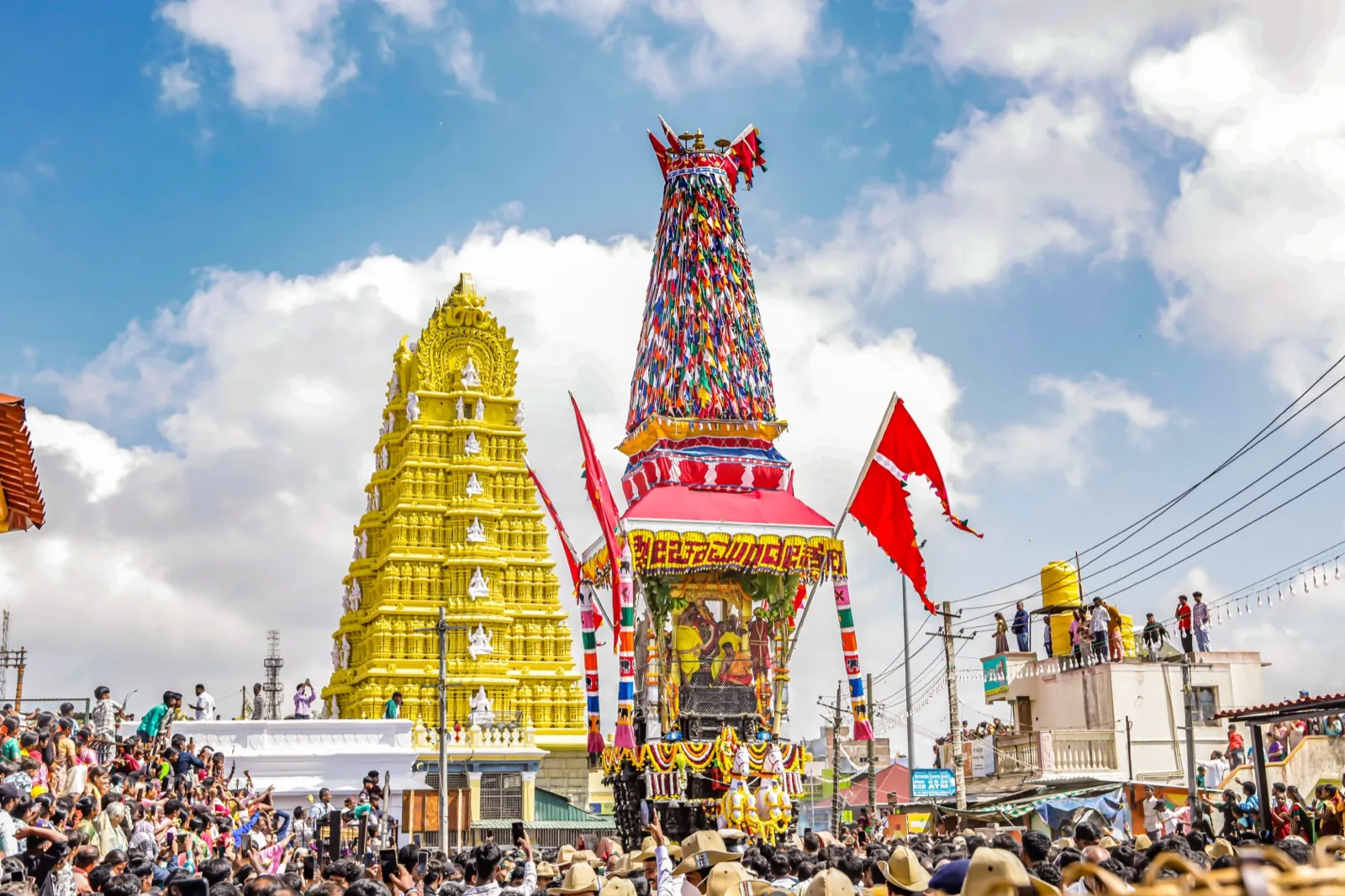 Rathotsava — temple chariots and devotees below the gopuram
